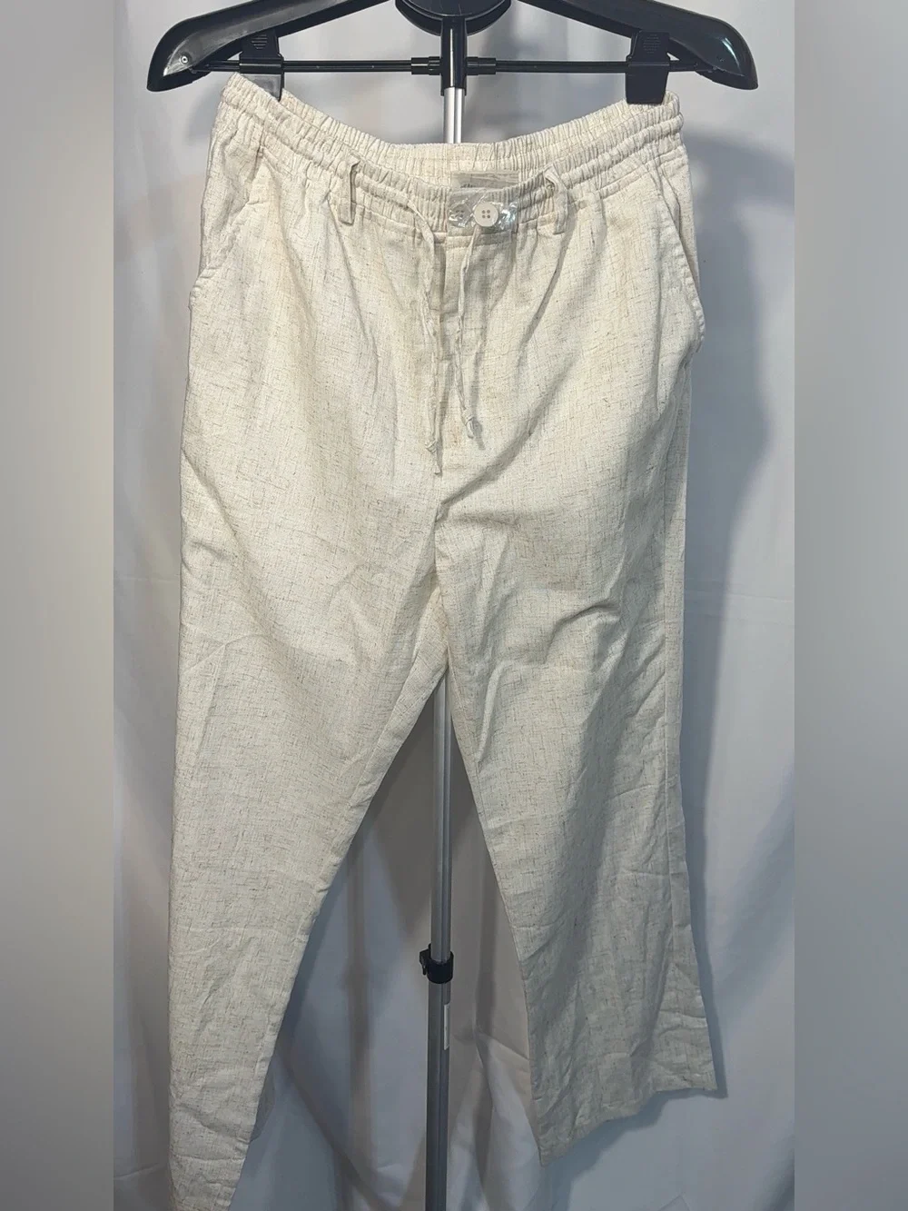 Men's Relaxed Cream Drawstring Linen-Blend Chinos